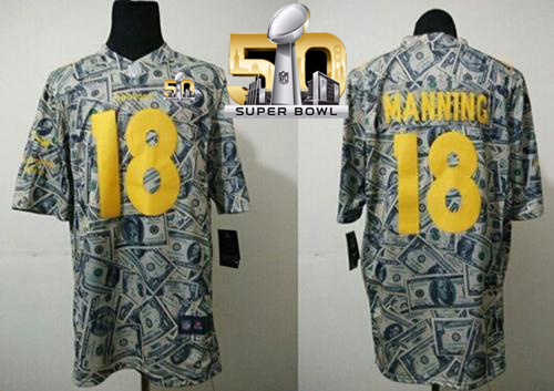 Nike Broncos #18 Peyton Manning Dollar Fashion Super Bowl 50 Men's Stitched NFL Elite Jersey - Click Image to Close